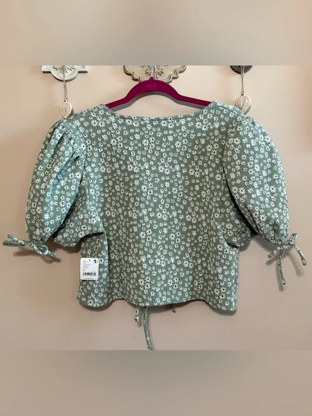 NWT Free People XL Sweet Sun Sage Green Floral Tie-Front Puff Sleeve Crop Top